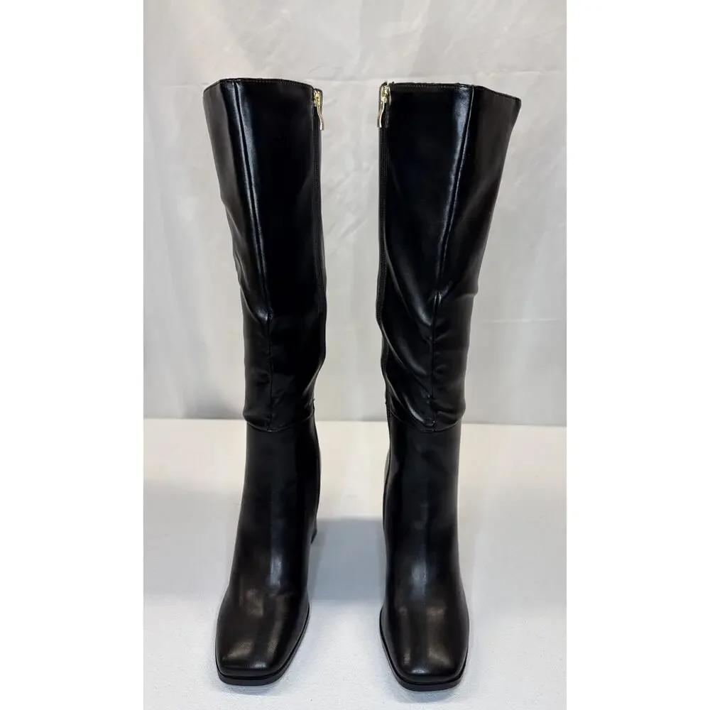 Women's Black Knee High Slouch Boots Square Toe Chunky Heel Tall Size 6.5